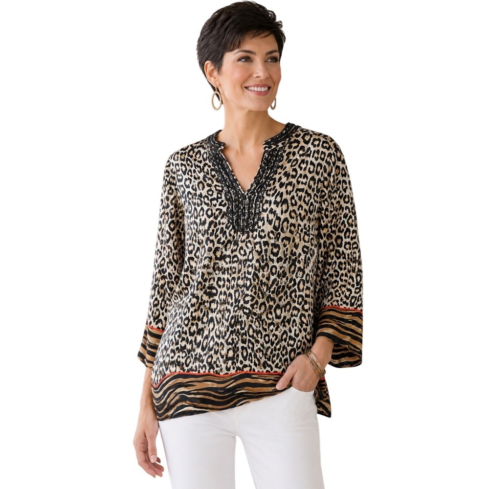 Chico's 1.5/M/10 Leopard Print Satin‎ Charmeuse Tunic Top Beaded Neckline